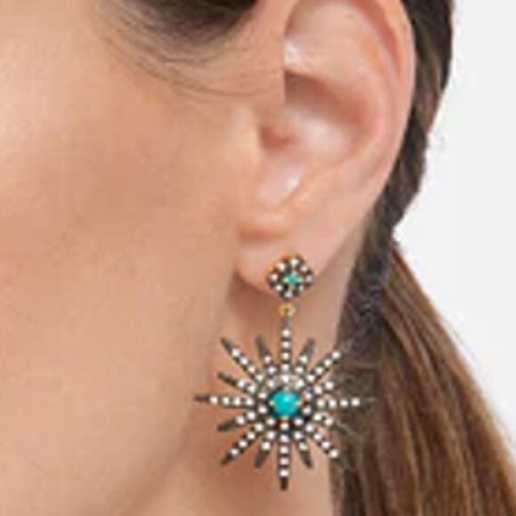14K Gold Turquoise Crystal Black Star Dangle Drop Earrings ~ RETAIL $475 - Picture 2 of 6